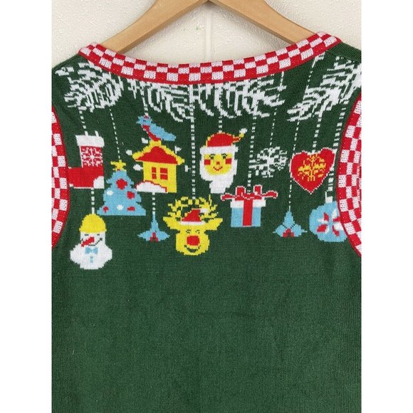 Christmas Sweater Vest Small Green And Red With Pixilated Deer, Ornaments, Santa - Picture 4 of 8